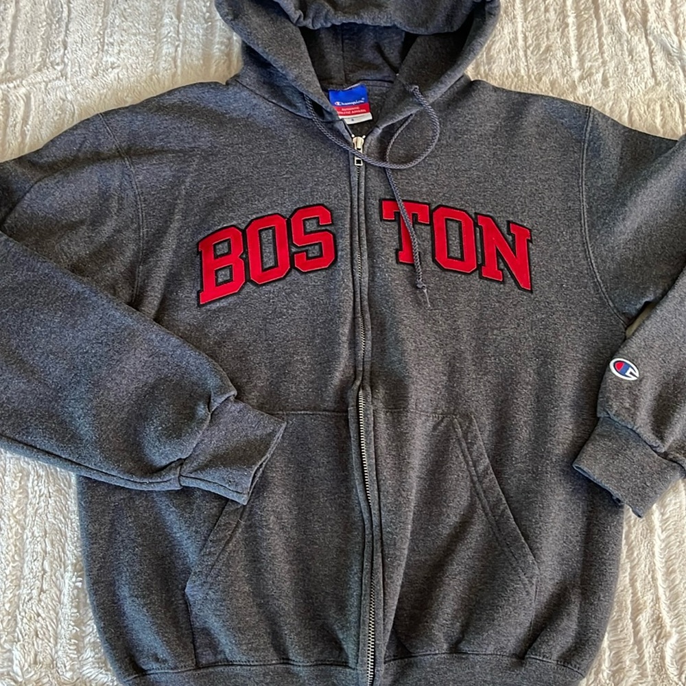 Champion Men’s Gray/ Red Boston Size up thick Hoodie Stiched size Small